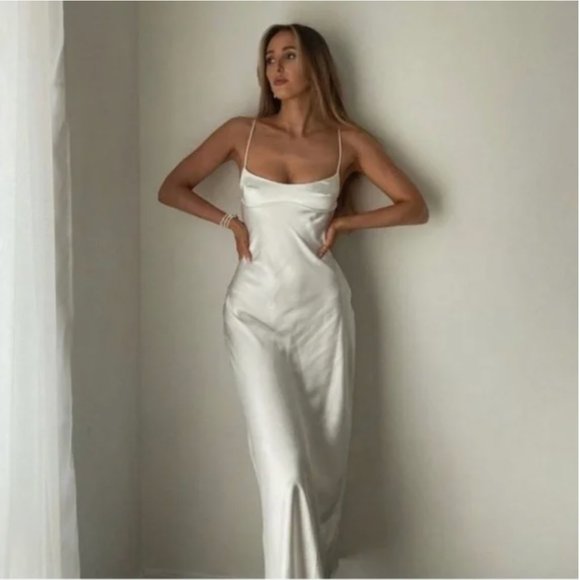 ZARA WHITE SATIN EFFECT CUT OUT BACK MIDI MAXI SLIP DRESS - Picture 3 of 17